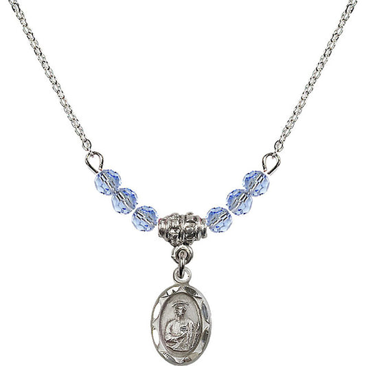 Sterling Silver Saint Jude Birthstone Necklace with Light Sapphire Beads - 0301