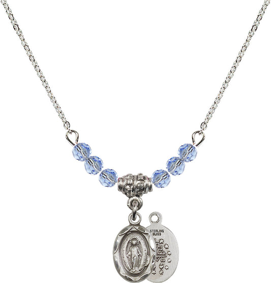 Sterling Silver Miraculous Birthstone Necklace with Light Sapphire Beads - 0301