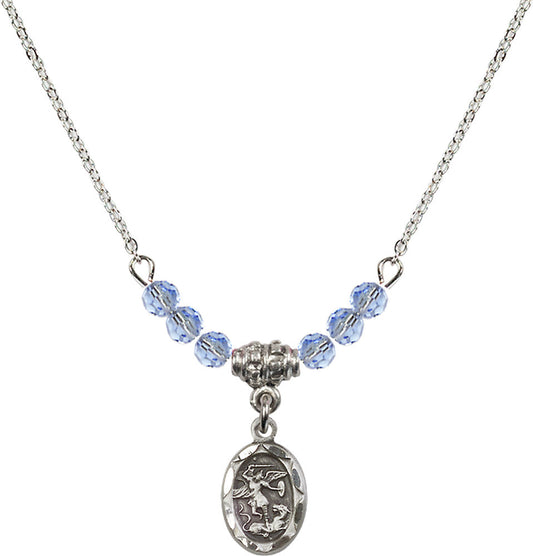 Sterling Silver Saint Michael the Archangel Birthstone Necklace with Light Sapphire Beads - 0301