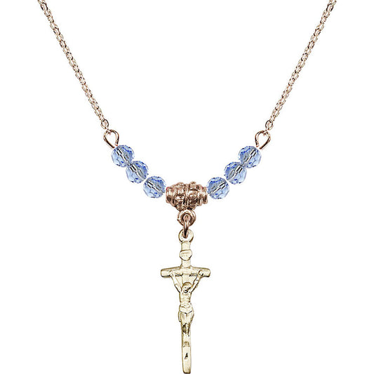 14kt Gold Filled Papal Crucifix Birthstone Necklace with Light Sapphire Beads - 0563