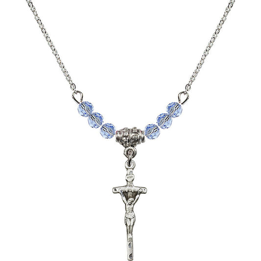 Sterling Silver Papal Crucifix Birthstone Necklace with Light Sapphire Beads - 0563