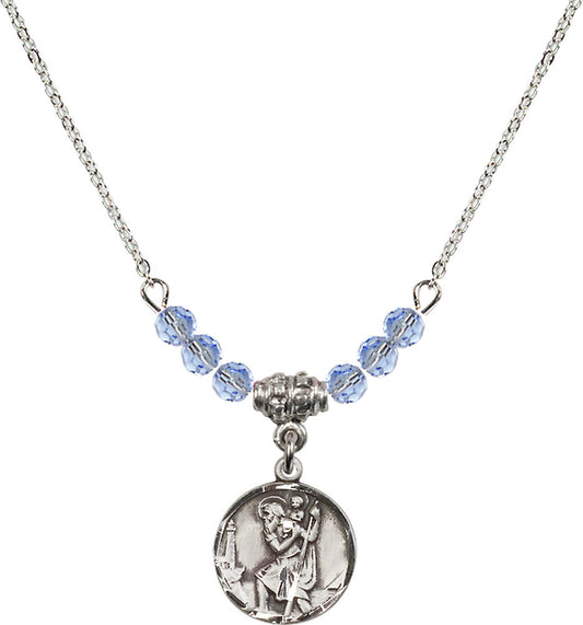 Sterling Silver Saint Christopher Birthstone Necklace with Light Sapphire Beads - 0601
