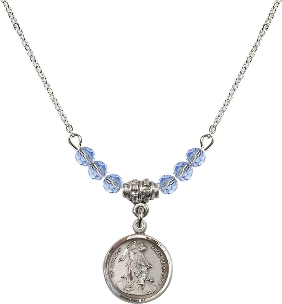 Sterling Silver Guardian Angel Birthstone Necklace with Light Sapphire Beads - 0601