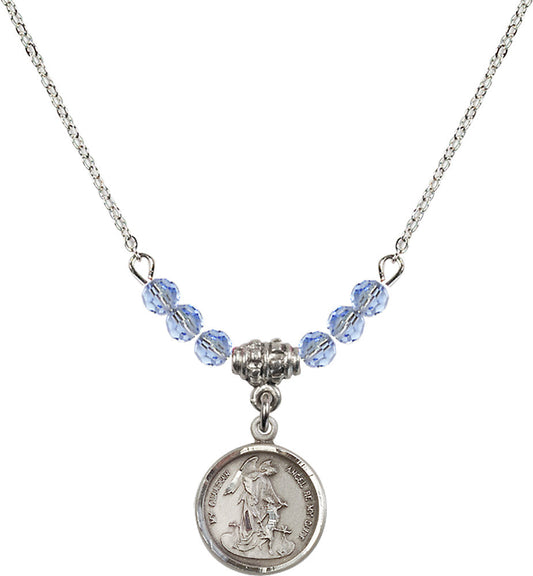 Sterling Silver Guardian Angel Birthstone Necklace with Light Sapphire Beads - 0601
