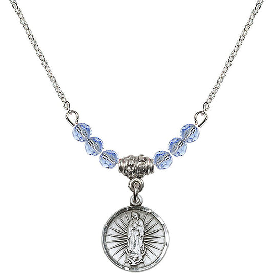 Sterling Silver Our Lady of Guadalupe Birthstone Necklace with Light Sapphire Beads - 0601