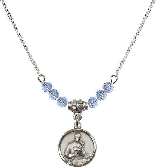 Sterling Silver Saint Gerard Birthstone Necklace with Light Sapphire Beads - 0601
