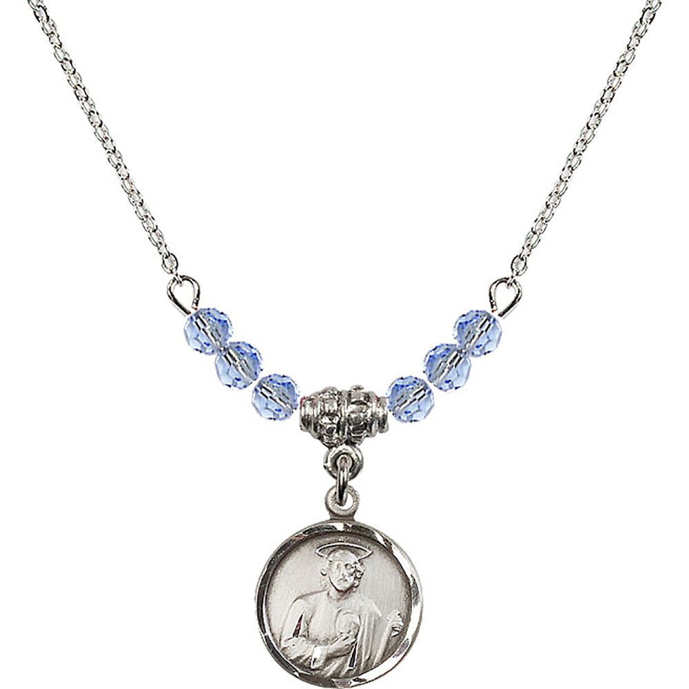 Sterling Silver Saint Jude Birthstone Necklace with Light Sapphire Beads - 0601