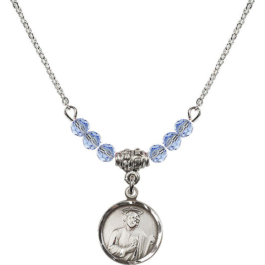 Sterling Silver Saint Jude Birthstone Necklace with Light Sapphire Beads - 0601