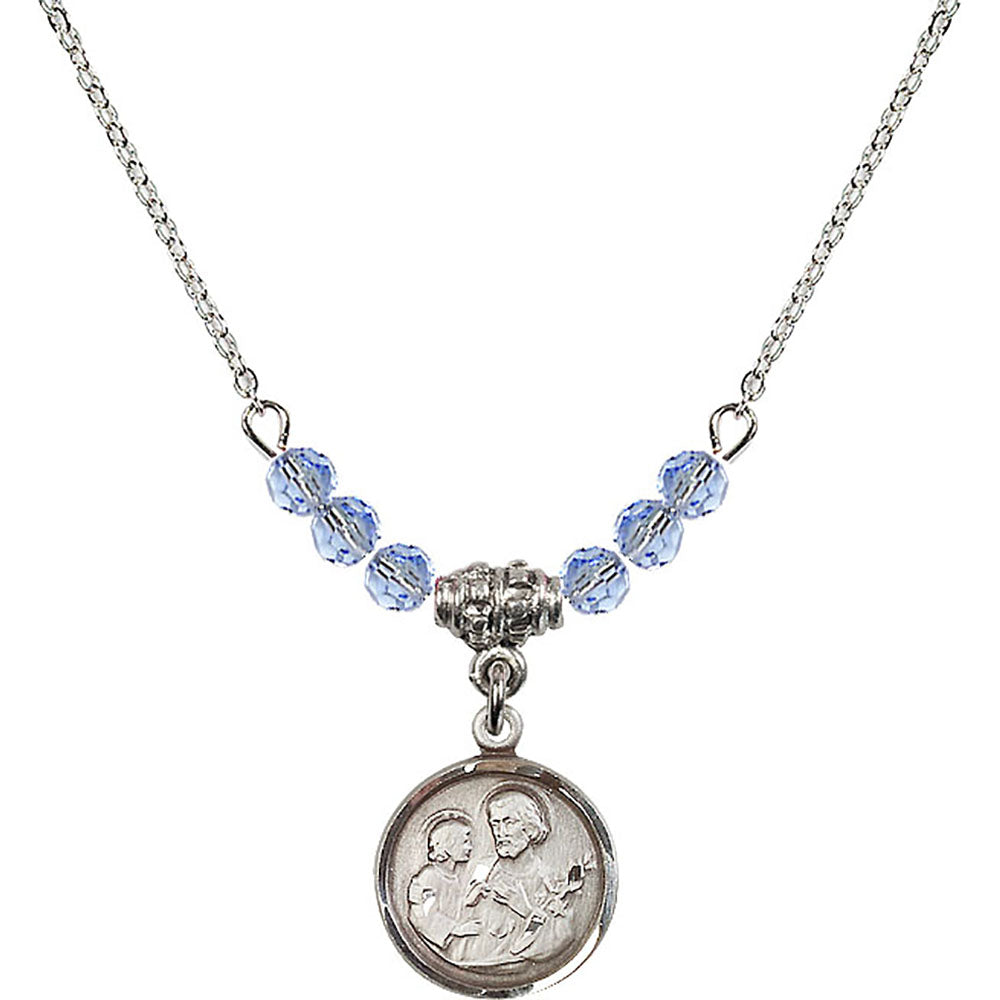 Sterling Silver Saint Joseph Birthstone Necklace with Light Sapphire Beads - 0601