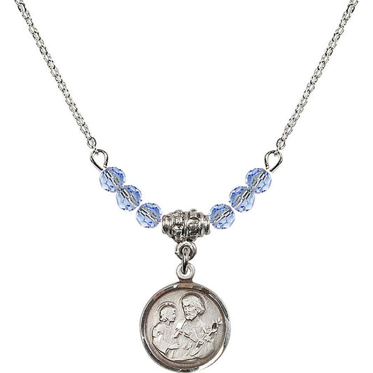Sterling Silver Saint Joseph Birthstone Necklace with Light Sapphire Beads - 0601