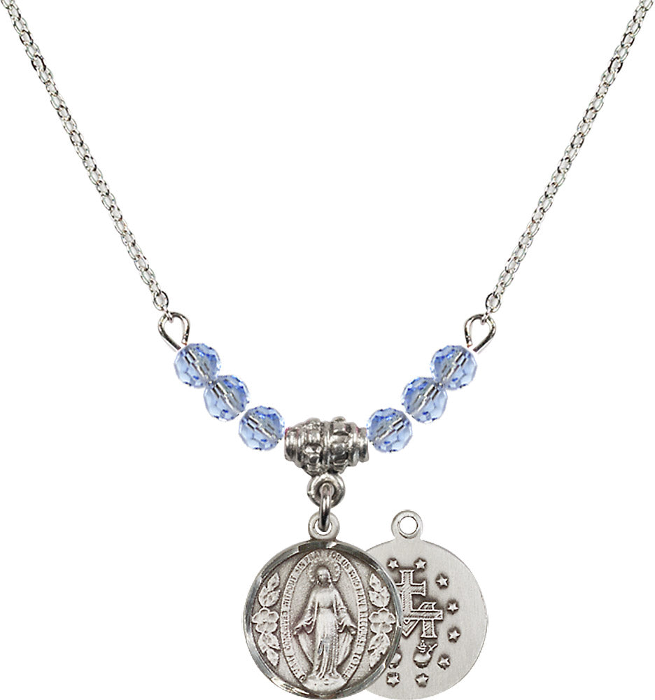 Sterling Silver Miraculous Birthstone Necklace with Light Sapphire Beads - 0601