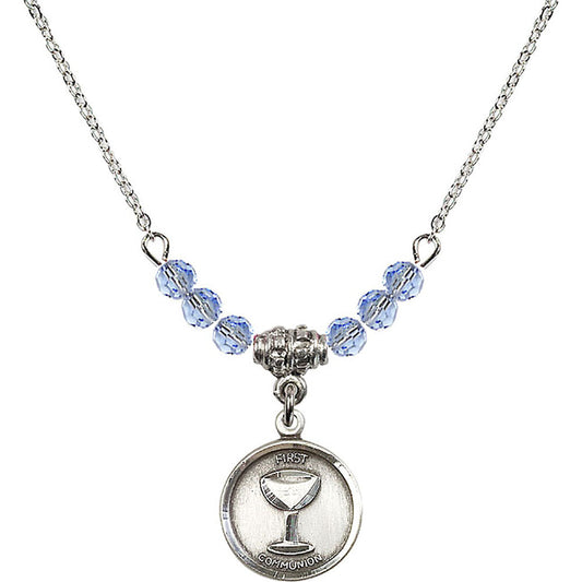 Sterling Silver Communion Birthstone Necklace with Light Sapphire Beads - 0601
