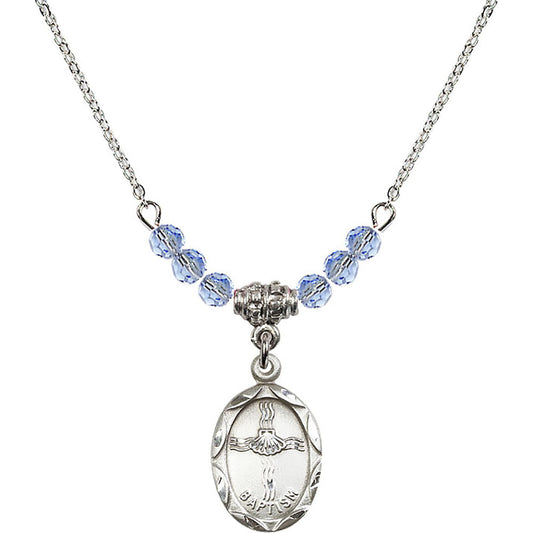 Sterling Silver Baptism Birthstone Necklace with Light Sapphire Beads - 0612