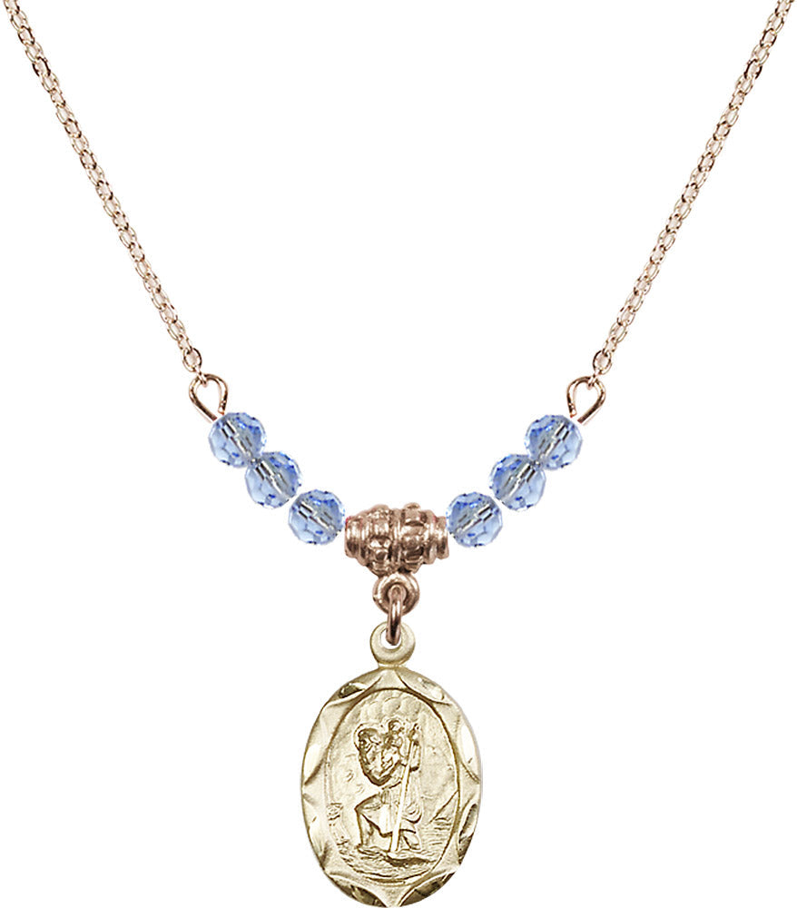 14kt Gold Filled Saint Christopher Birthstone Necklace with Light Sapphire Beads - 0612