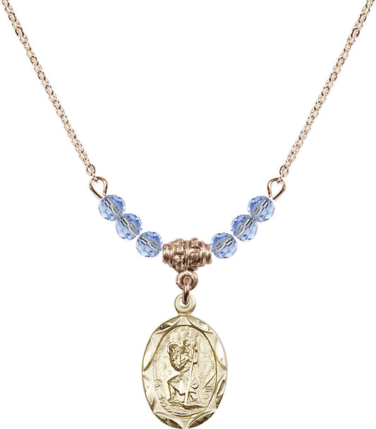 14kt Gold Filled Saint Christopher Birthstone Necklace with Light Sapphire Beads - 0612