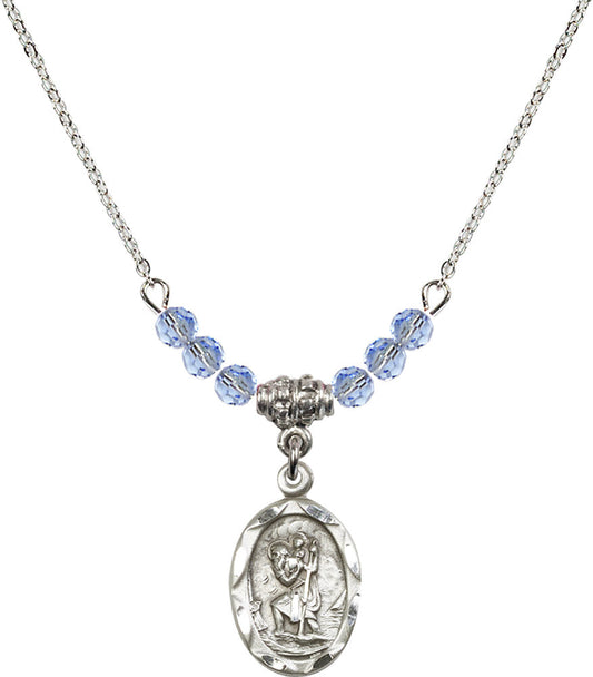 Sterling Silver Saint Christopher Birthstone Necklace with Light Sapphire Beads - 0612