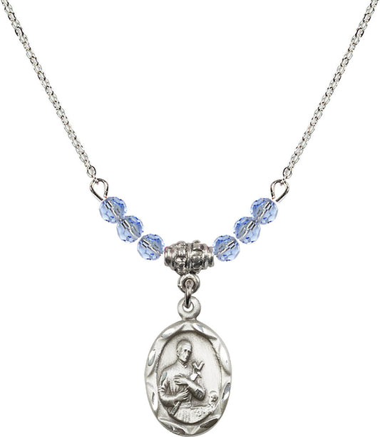 Sterling Silver Saint Gerard Birthstone Necklace with Light Sapphire Beads - 0612