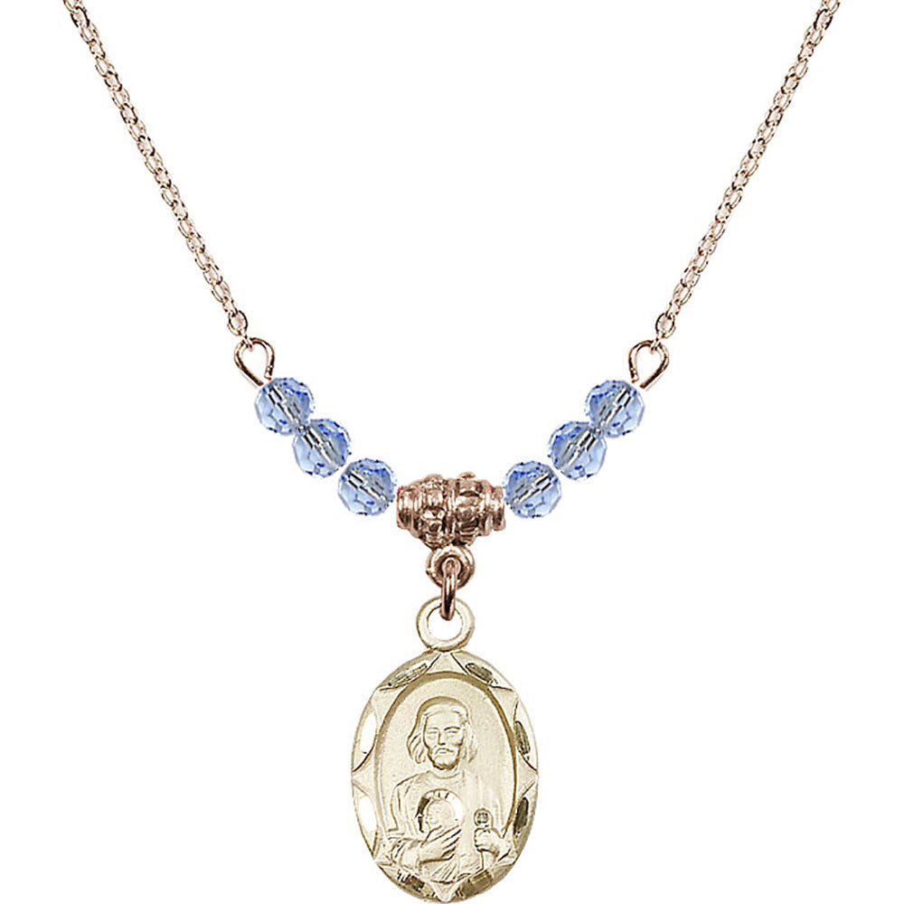 14kt Gold Filled Saint Jude Birthstone Necklace with Light Sapphire Beads - 0612
