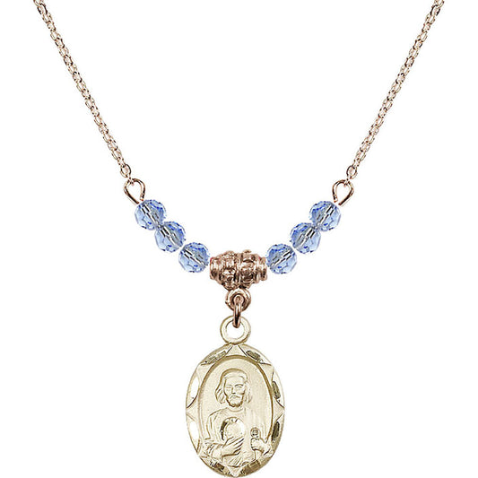 14kt Gold Filled Saint Jude Birthstone Necklace with Light Sapphire Beads - 0612
