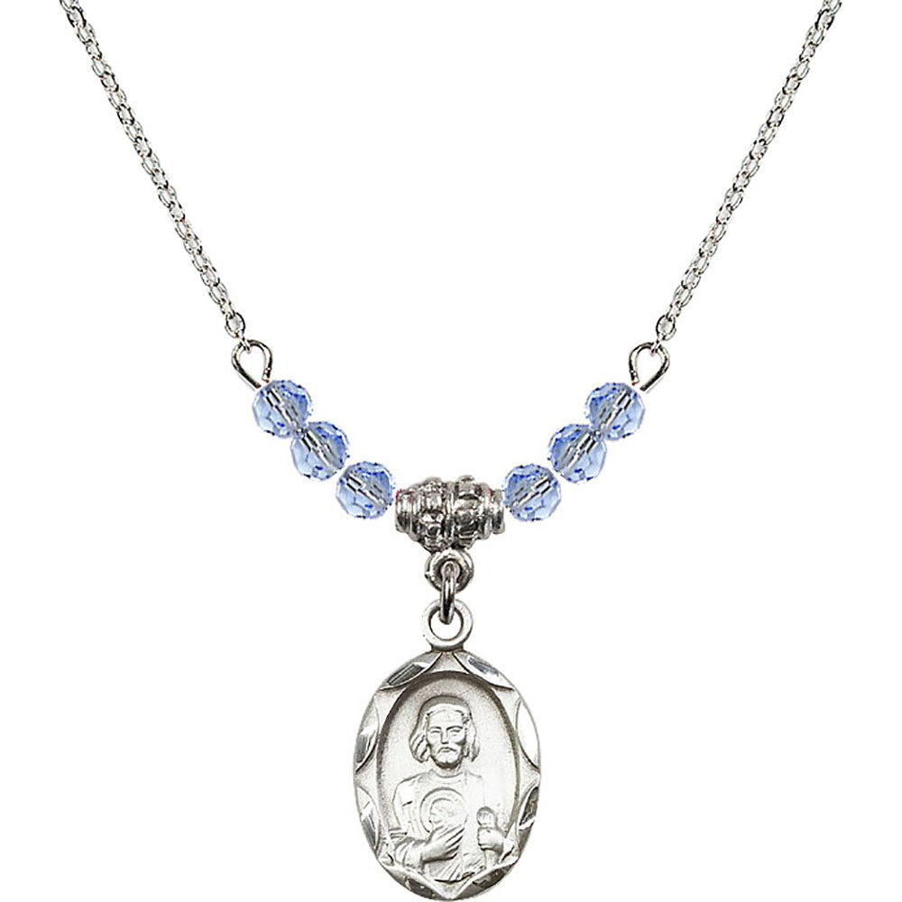 Sterling Silver Saint Jude Birthstone Necklace with Light Sapphire Beads - 0612