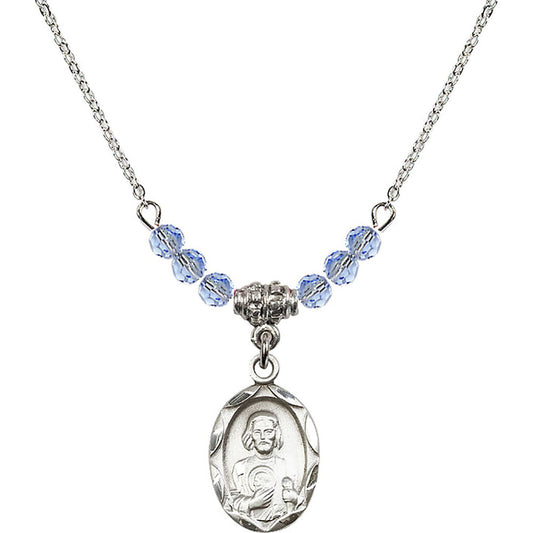 Sterling Silver Saint Jude Birthstone Necklace with Light Sapphire Beads - 0612