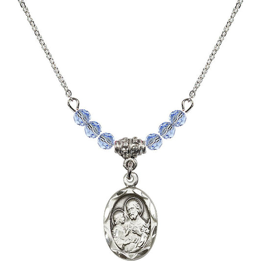 Sterling Silver Saint Joseph Birthstone Necklace with Light Sapphire Beads - 0612