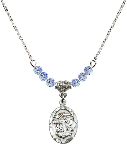 Sterling Silver Saint Michael the Archangel Birthstone Necklace with Light Sapphire Beads - 0612