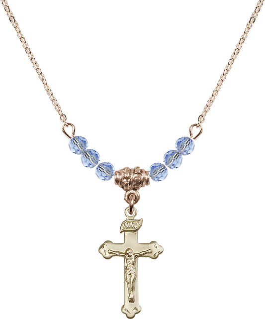 14kt Gold Filled Crucifix Birthstone Necklace with Light Sapphire Beads - 0669