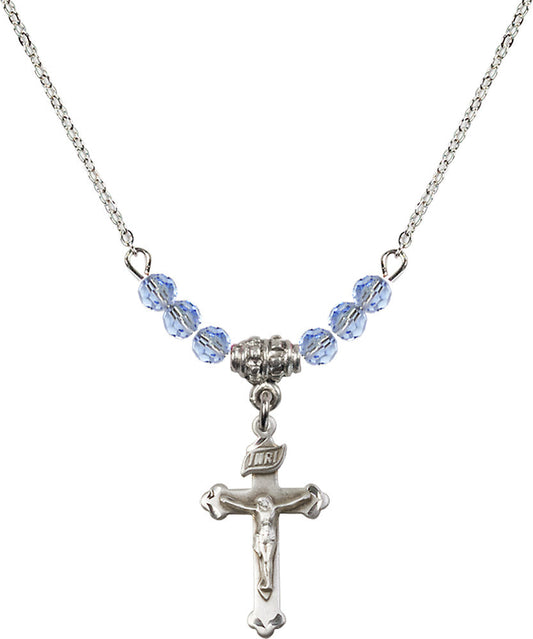 Sterling Silver Crucifix Birthstone Necklace with Light Sapphire Beads - 0669