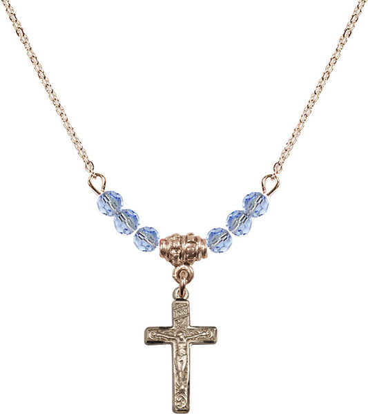 14kt Gold Filled Crucifix Birthstone Necklace with Light Sapphire Beads - 0672