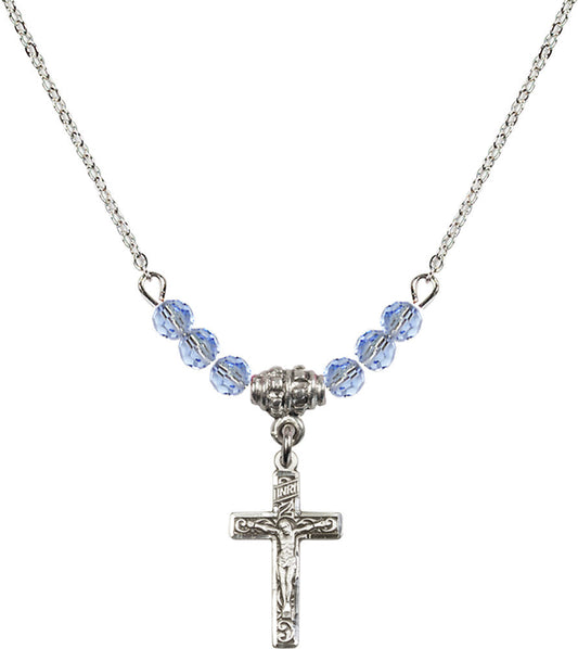 Sterling Silver Crucifix Birthstone Necklace with Light Sapphire Beads - 0672