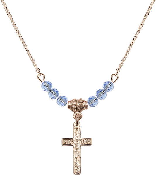 14kt Gold Filled Cross Birthstone Necklace with Light Sapphire Beads - 0672