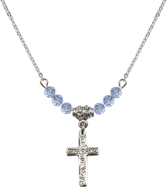 Sterling Silver Cross Birthstone Necklace with Light Sapphire Beads - 0672
