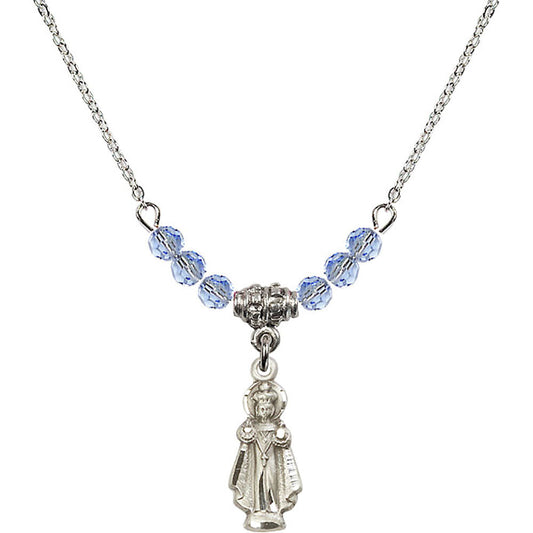Sterling Silver Infant of Prague Birthstone Necklace with Light Sapphire Beads - 0823