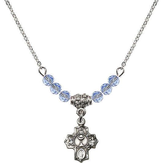 Sterling Silver Communion 5-Way Birthstone Necklace with Light Sapphire Beads - 0890
