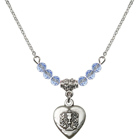 Sterling Silver Heart / Communion Birthstone Necklace with Light Sapphire Beads - 0892
