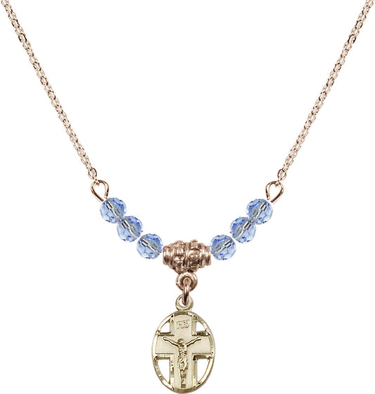 14kt Gold Filled Crucifix Birthstone Necklace with Light Sapphire Beads - 0978