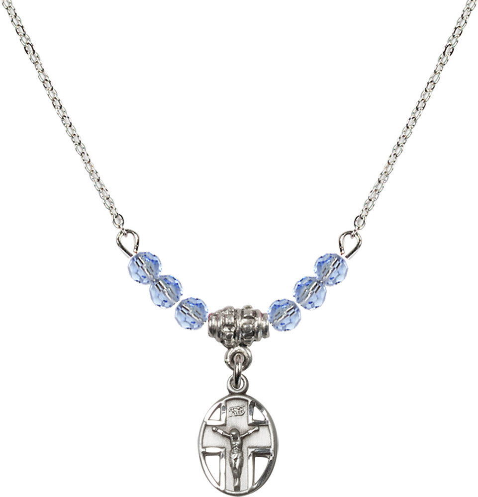 Sterling Silver Crucifix Birthstone Necklace with Light Sapphire Beads - 0978