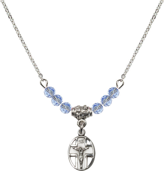Sterling Silver Crucifix Birthstone Necklace with Light Sapphire Beads - 0978