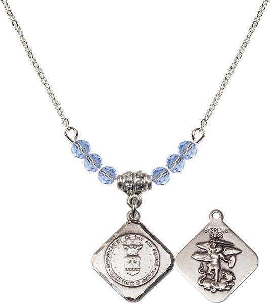 Sterling Silver Air Force Diamond Birthstone Necklace with Light Sapphire Beads - 1180