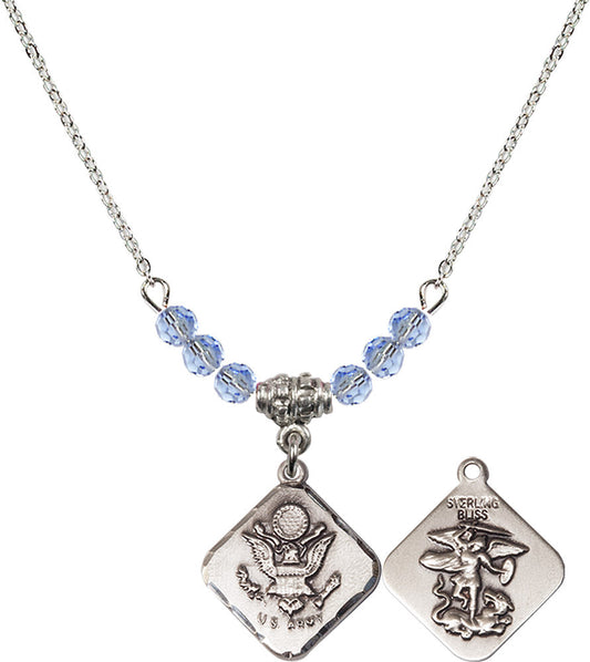 Sterling Silver Army Diamond Birthstone Necklace with Light Sapphire Beads - 1180