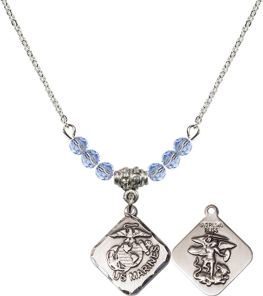 Sterling Silver Marines Diamond Birthstone Necklace with Light Sapphire Beads - 1180