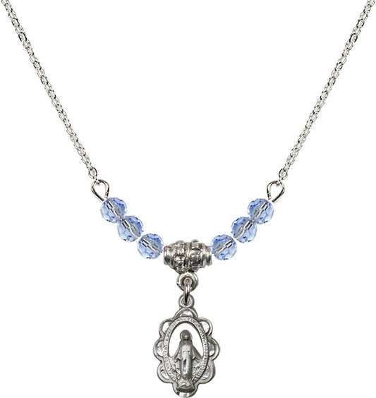 Sterling Silver Miraculous Birthstone Necklace with Light Sapphire Beads - 1610