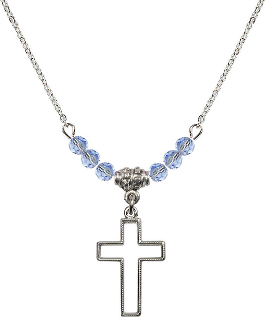 Sterling Silver Cross Birthstone Necklace with Light Sapphire Beads - 1708