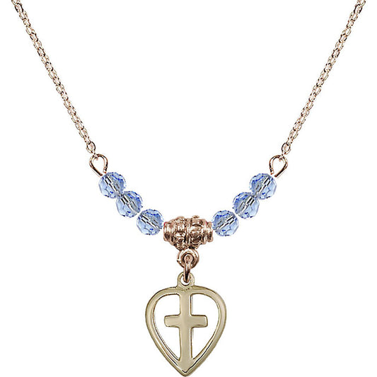14kt Gold Filled Heart / Cross Birthstone Necklace with Light Sapphire Beads - 1709