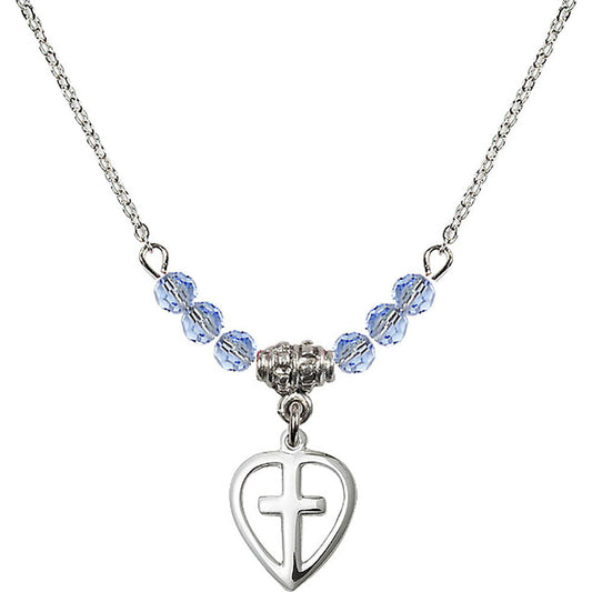 Sterling Silver Heart / Cross Birthstone Necklace with Light Sapphire Beads - 1709