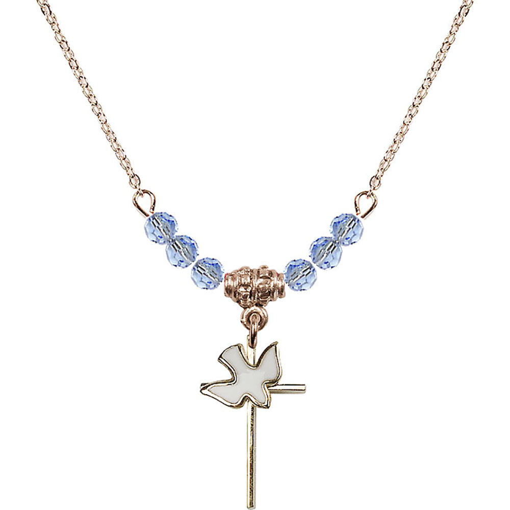 14kt Gold Filled Cross / Holy Spirit Birthstone Necklace with Light Sapphire Beads - 1812