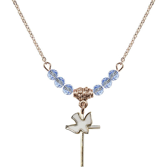 14kt Gold Filled Cross / Holy Spirit Birthstone Necklace with Light Sapphire Beads - 1812