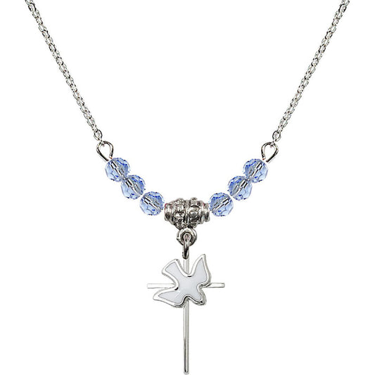 Sterling Silver Cross / Holy Spirit Birthstone Necklace with Light Sapphire Beads - 1812