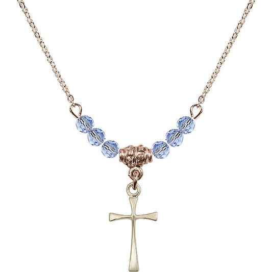 14kt Gold Filled Maltese Cross Birthstone Necklace with Light Sapphire Beads - 1872